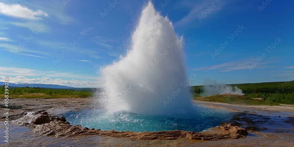 A breathtaking photo of a geyser erupting forcefully, shooting water high into the air against a clear blue sky, capturing the raw power and beauty of nature in action. A breathtaking photo of a geyser erupting forcefully, shooting water high into the air against a clear blue sky, capturing the raw power and beauty of nature in action.