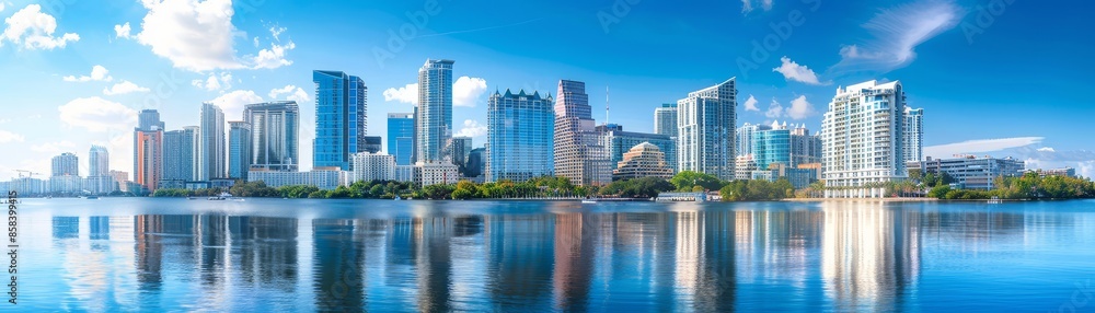 A cityscape featuring skyscrapers against a clear azure sky. A cityscape featuring skyscrapers against a clear azure sky.