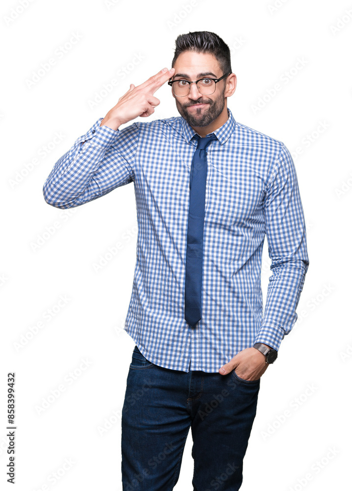 Young business man wearing glasses over isolated background Shooting and killing oneself pointing hand and fingers to head, suicide gesture. Young business man wearing glasses over isolated background Shooting and killing oneself pointing hand and fingers to head, suicide gesture.