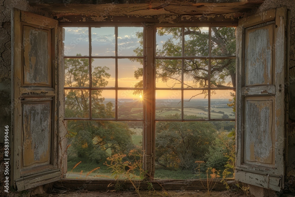 Fototapeta premium Sunset View from a Rustic Window