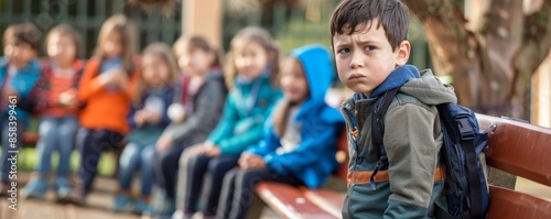 A solitary, distressed child on a school bench, with a group of laughing classmates in the distance.