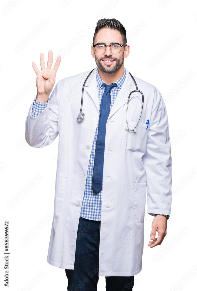 Handsome young doctor man over isolated background showing and pointing up with fingers number four while smiling confident and happy. Handsome young doctor man over isolated background showing and pointing up with fingers number four while smiling confident and happy.