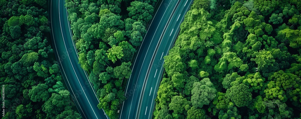 Aerial overhead shot of highway road bisecting verdant forest Aerial overhead shot of highway road bisecting verdant forest