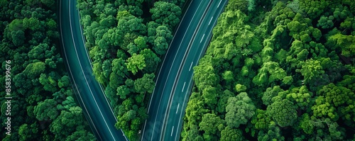 Aerial overhead shot of highway road bisecting verdant forest