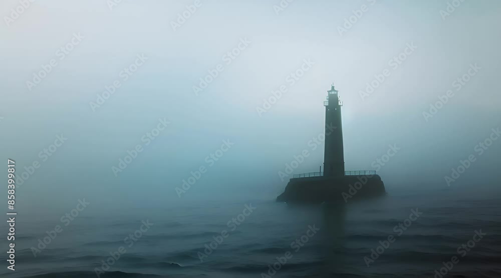 A lighthouse stands tall amid thick fog in the vast ocean on a gloomy day, A lighthouse standing tall against the endless ex A lighthouse stands tall amid thick fog in the vast ocean on a gloomy day, A lighthouse standing tall against the endless ex