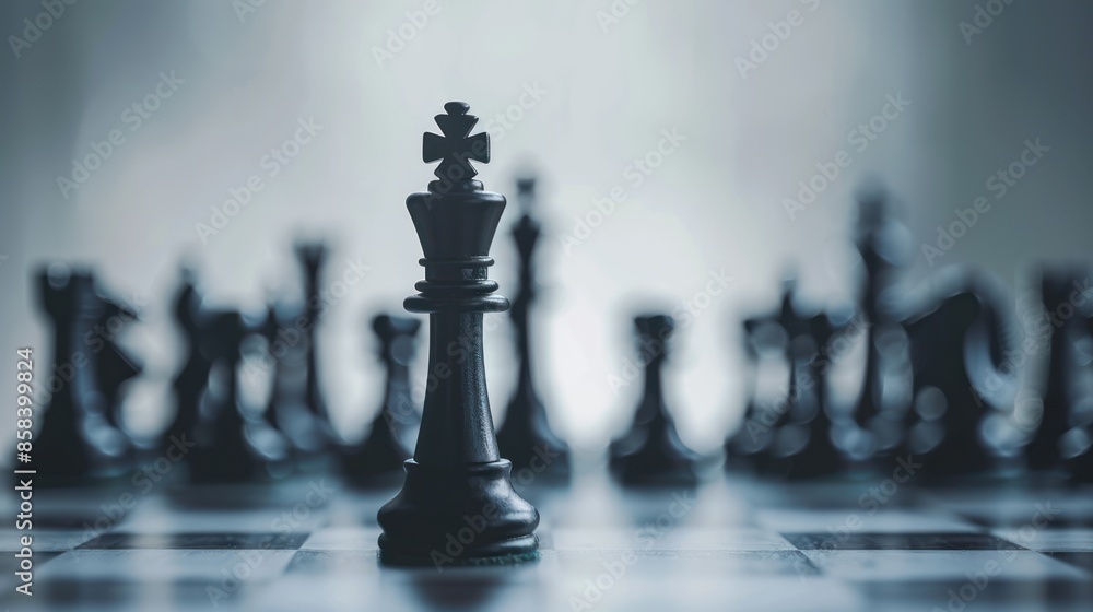 A chess king piece leading an army of other pieces, symbolizing the power and authority of leadership and success in strategic maneuvers with ample space for text or branding A chess king piece leading an army of other pieces, symbolizing the power and authority of leadership and success in strategic maneuvers with ample space for text or branding