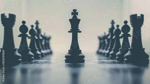 A chess king piece leading an army of other pieces, symbolizing the power and authority of leadership and success in strategic maneuvers with ample space for text or branding