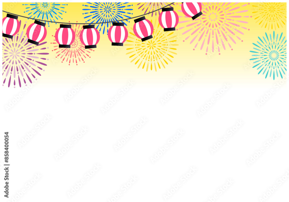 Obraz premium おしゃれな夏祭りの花火フレーム背景6黄色