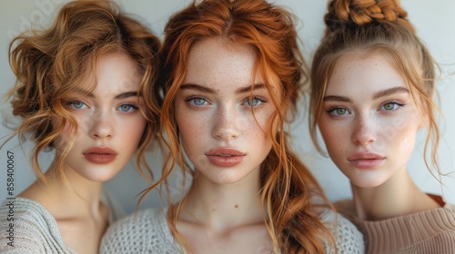 This is a close-up portrait of three young women with different hairstyles and makeup