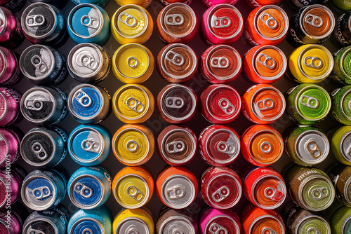 An overhead image of colorful soda drink cans arranged neatly. The cans are vibrant and eye-catching, showcasing a variety of flavors and brands