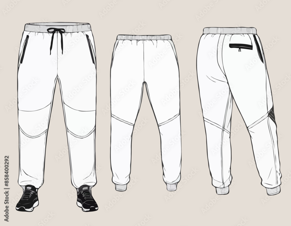 Ski sweat Jogger bottom shell Pants design flat sketch vector illustration, Track pants concept with front and back view, Sweatpants for running, jogging, fitness, and active wear pants design Ski sweat Jogger bottom shell Pants design flat sketch vector illustration, Track pants concept with front and back view, Sweatpants for running, jogging, fitness, and active wear pants design