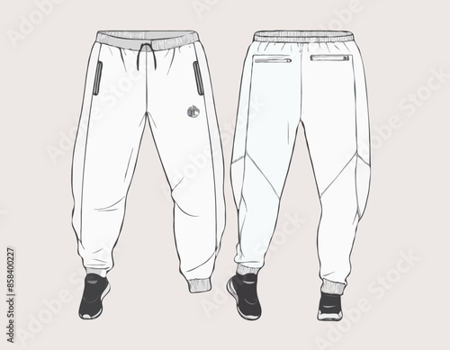 Ski sweat Jogger bottom shell Pants design flat sketch vector illustration, Track pants concept with front and back view, Sweatpants for running, jogging, fitness, and active wear pants design