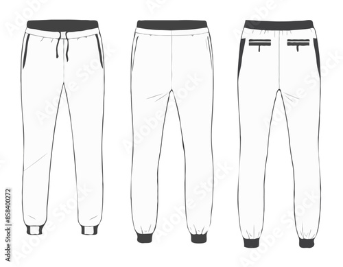 Ski sweat Jogger bottom shell Pants design flat sketch vector illustration, Track pants concept with front and back view, Sweatpants for running, jogging, fitness, and active wear pants design