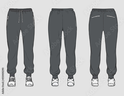 Ski sweat Jogger bottom shell Pants design flat sketch vector illustration, Track pants concept with front and back view, Sweatpants for running, jogging, fitness, and active wear pants design