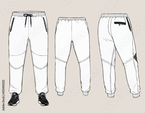 Ski sweat Jogger bottom shell Pants design flat sketch vector illustration, Track pants concept with front and back view, Sweatpants for running, jogging, fitness, and active wear pants design