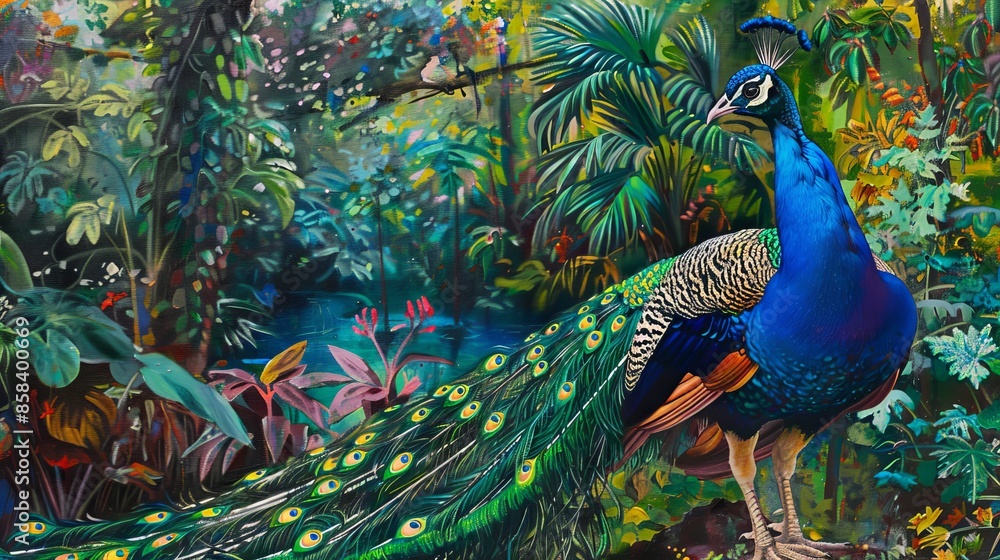 Fototapeta premium Captivating peacock portrait amidst a verdant garden, showcasing its iridescent plumage.