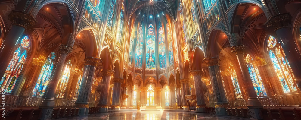 Obraz premium A majestic cathedral with soaring spires and stained glass windows, its interior filled with a sense of awe and wonder.