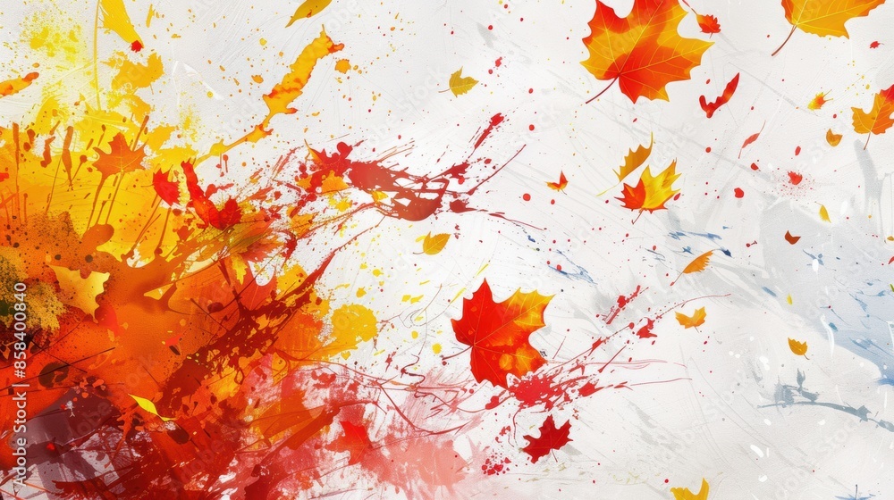 Obraz premium Abstract autumn leaves and paint splatters on a white background