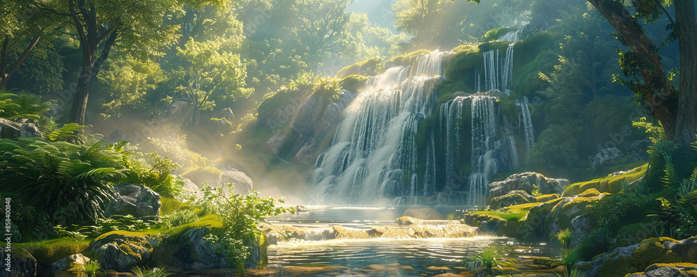 A tranquil waterfall cascading down a lush green mountainside, its crystal-clear water misting in the air, creating a refreshing atmosphere. A tranquil waterfall cascading down a lush green mountainside, its crystal-clear water misting in the air, creating a refreshing atmosphere.