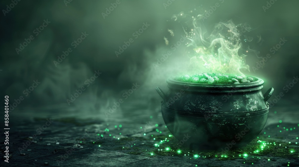 Glowing green potion in a black cauldron with smoke rising Glowing green potion in a black cauldron with smoke rising