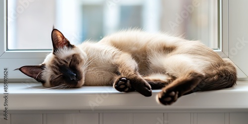 A peaceful Siamese cat enjoys a nap on a window sill, basking in the natural light coming through the window, creating a serene and calm atmosphere in a home setting. © Armin