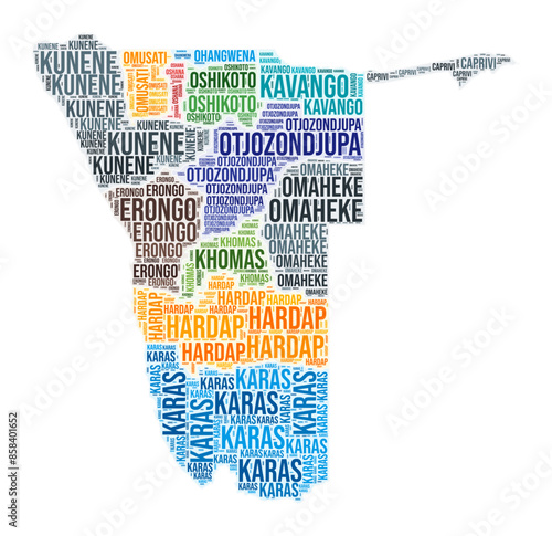 Namibia region word cloud. Country shape design. Namibia colored illustration. Region names collage cloud. Vector illustration.