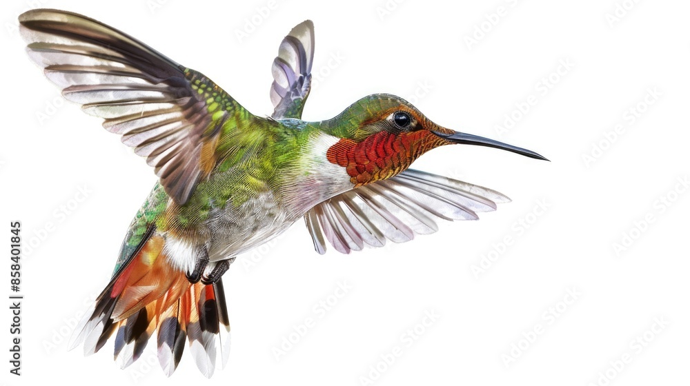Fototapeta premium A small hummingbird flies through the air with its wings spread, showcasing its agility and speed