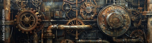 Elaborate machinery of pipes and gears within a Victorian-era steam engine chamber.