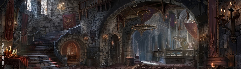 Naklejka premium Enchanted castle interior, fairytale setting, AI-generated image