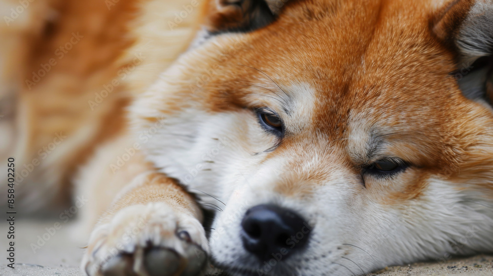 A poor brown and white dog is laying down on the ground A poor brown and white dog is laying down on the ground