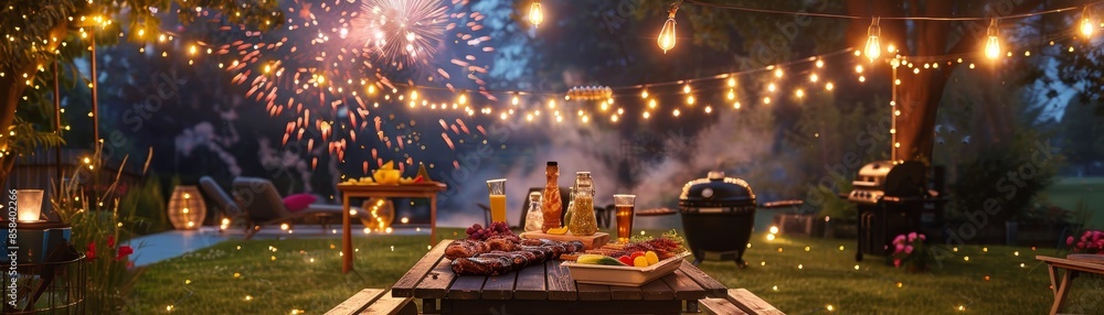 Evening backyard summer barbecue party with grilled food, string lights, and fireworks. Evening backyard summer barbecue party with grilled food, string lights, and fireworks.