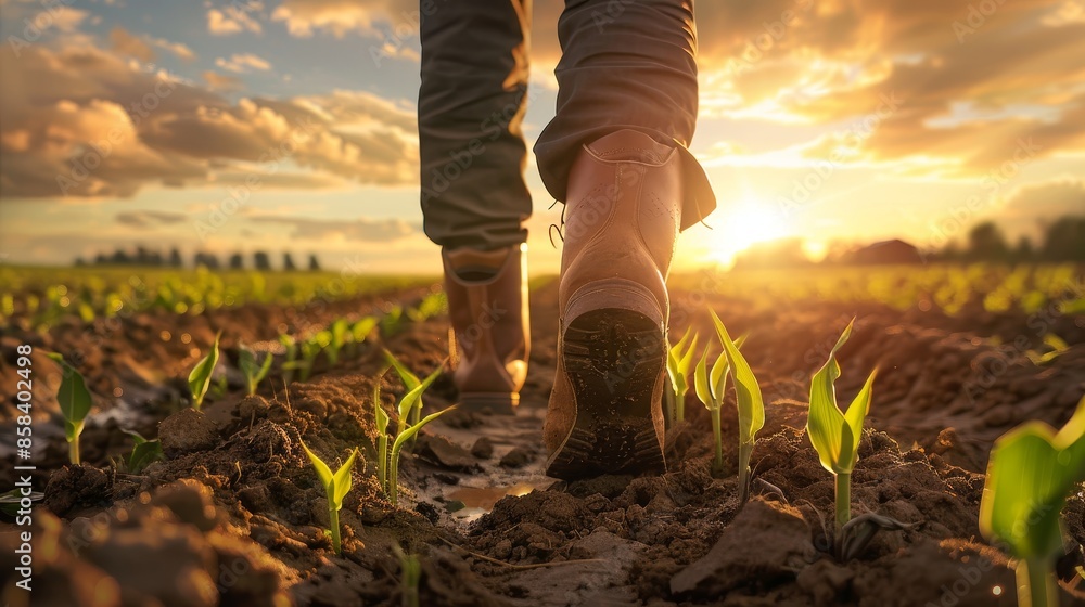 Farmer boots receding from view in sunset-lit cornfield amidst generative AI. Farmer boots receding from view in sunset-lit cornfield amidst generative AI.