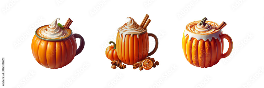 Pumpkin Spice Latte, Halloween Day special set of against Transparent background Pumpkin Spice Latte, Halloween Day special set of against Transparent background