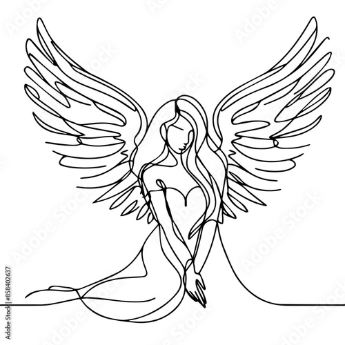line art drawing of woman angel with wings, line art of an ange