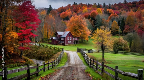 A red house with a red roof sits in a rural area with a road leading to it. The road is surrounded by trees and the leaves are changing colors, giving the scene a warm and cozy atmosphere