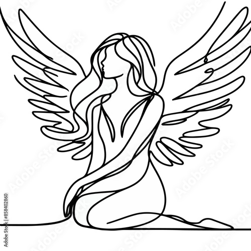 line art drawing of woman angel with wings, line art of an ange