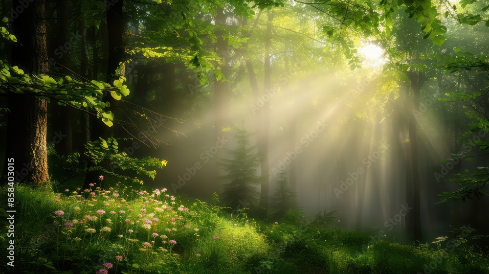 A forest with a bright sun shining through the trees. The sun is casting a warm glow on the grass and flowers. The scene is peaceful and serene, with the sunlight creating a beautiful A forest with a bright sun shining through the trees. The sun is casting a warm glow on the grass and flowers. The scene is peaceful and serene, with the sunlight creating a beautiful