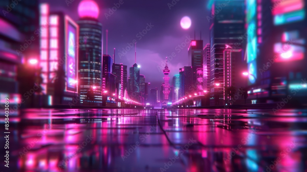 A cityscape with neon lights and a large tower in the background. The city appears to be in a futuristic setting A cityscape with neon lights and a large tower in the background. The city appears to be in a futuristic setting