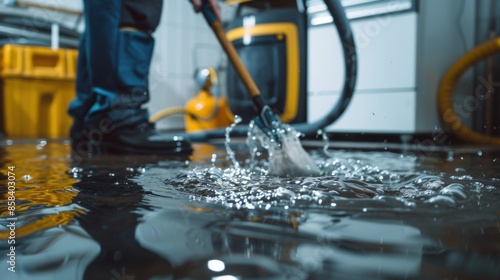 A worker clearing floodwater from a basement electric room