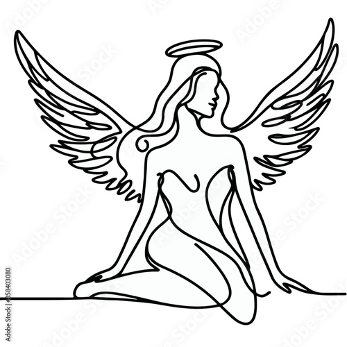 line art drawing of woman angel with wings, line art of an ange