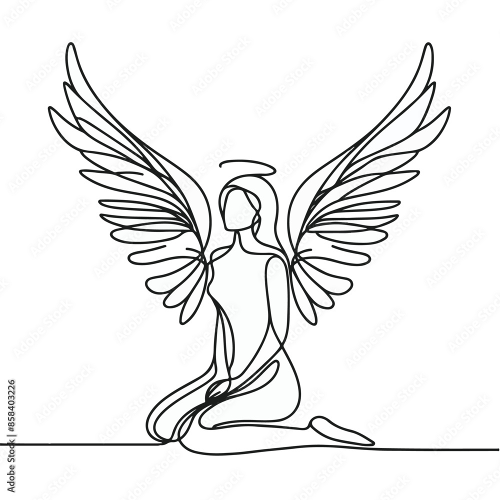 Obraz premium line art drawing of woman angel with wings, line art of an ange