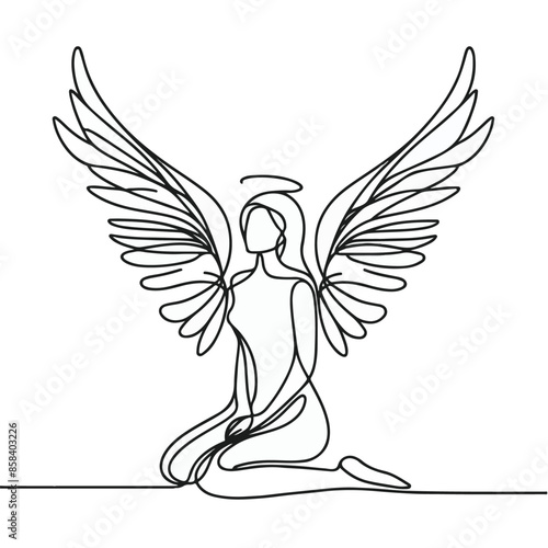 line art drawing of woman angel with wings, line art of an ange