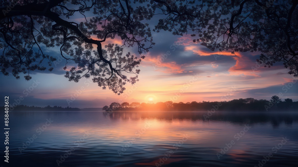 A beautiful sunset over a lake with a tree branch in the foreground. The sky is filled with clouds and the sun is setting, creating a serene and peaceful atmosphere A beautiful sunset over a lake with a tree branch in the foreground. The sky is filled with clouds and the sun is setting, creating a serene and peaceful atmosphere