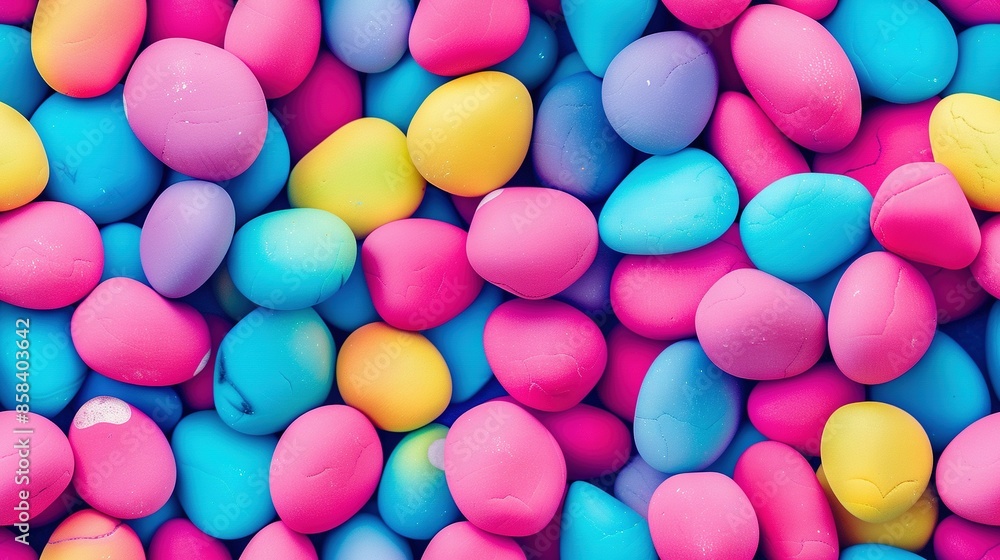 A close-up of multi-colored candy eggs in pink, blue, yellow, and green A close-up of multi-colored candy eggs in pink, blue, yellow, and green