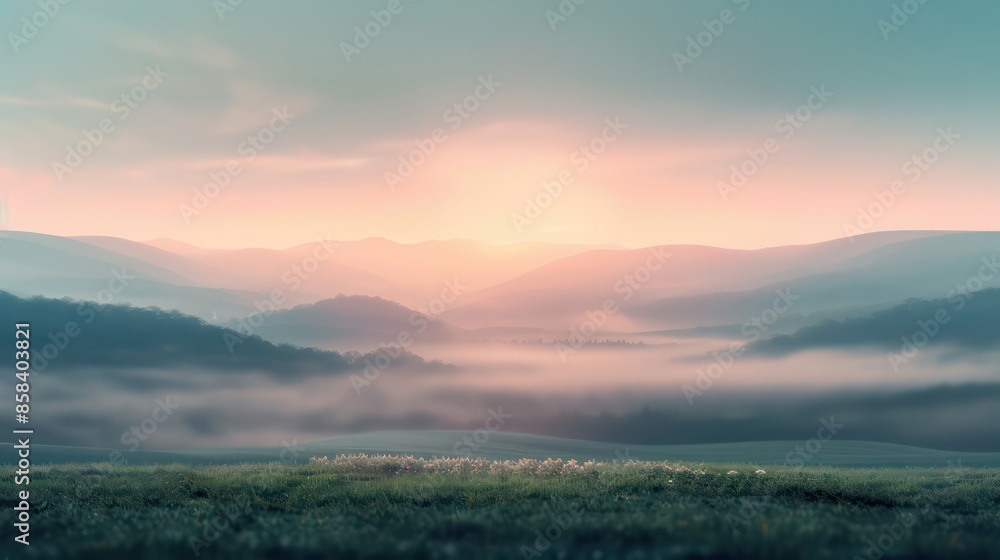 Fototapeta premium A beautiful mountain range with a sun setting in the background. The sky is a mix of pink and blue hues, creating a serene and peaceful atmosphere. The mountains are covered in trees
