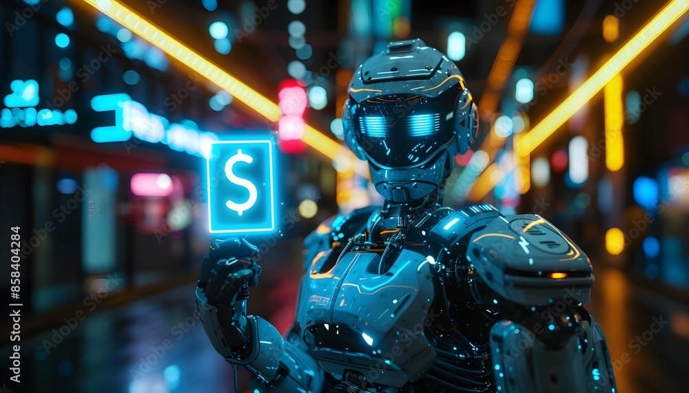 Roboter hält einen virtuellen Dollar hoch Roboter hält einen virtuellen Dollar hoch