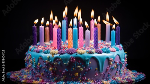 Vibrant multicolored birthday cake with numerous lit candles for festive celebrations