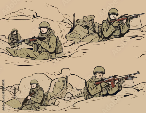 sometric Soldiers in the trench. Trenches, securing positions. Soldiers at war. Sitting With Rifle Weapon In An Ambush In Trench. Special force crew. Military concept for army, soldiers and war