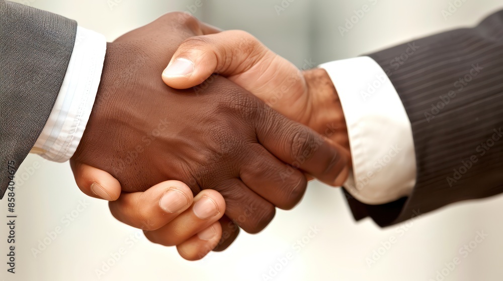 Obraz premium A close-up of two hands shaking, with one hand wearing a business suit and the other a casual outfit, highlighting professional and casual interaction