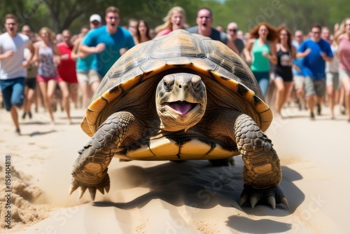 Giant Tortoise Racing Past People on a Beach photo